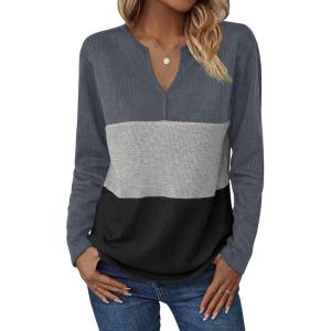 Zeagoo Women’s Waffle Shirts V Neck Long Sleeve Tops Color Block T-Shirts Casual Pullover Tunics 2025 Fashion Basic Tees(Charcoal/Gray/Black)
