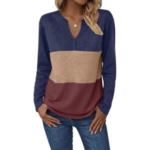Zeagoo Women’s Waffle Shirts V Neck Long Sleeve Tops Color Block T-Shirts Casual Pullover Tunics 2025 Fashion Basic Tees(Navy Blue/Brown/Red)