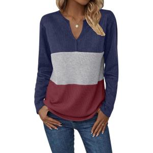 Zeagoo Women’s Waffle Shirts V Neck Long Sleeve Tops Color Block T-Shirts Casual Pullover Tunics 2025 Fashion Basic Tees(Navy Blue/Gray/Burgundy)