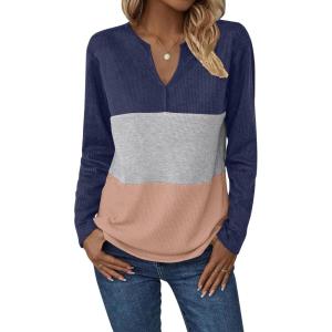 Zeagoo Women’s Waffle Shirts V Neck Long Sleeve Tops Color Block T-Shirts Casual Pullover Tunics 2025 Fashion Basic Tees(Navy Blue/Gray/Light Brown)