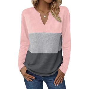 Zeagoo Women’s Waffle Shirts V Neck Long Sleeve Tops Color Block T-Shirts Casual Pullover Tunics 2025 Fashion Basic Tees(Pink/Gray/Charcoal)