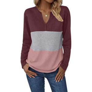 Zeagoo Women’s Waffle Shirts V Neck Long Sleeve Tops Color Block T-Shirts Casual Pullover Tunics 2025 Fashion Basic Tees(Red/Gray/Pink)