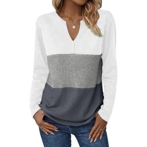 Zeagoo Women’s Waffle Shirts V Neck Long Sleeve Tops Color Block T-Shirts Casual Pullover Tunics 2025 Fashion Basic Tees(White/Gray/Charcoal)