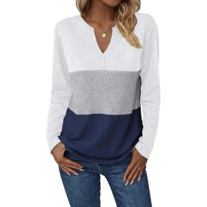 Zeagoo Women’s Waffle Shirts V Neck Long Sleeve Tops Color Block T-Shirts Casual Pullover Tunics 2025 Fashion Basic Tees(White/Gray/Navy Blue)