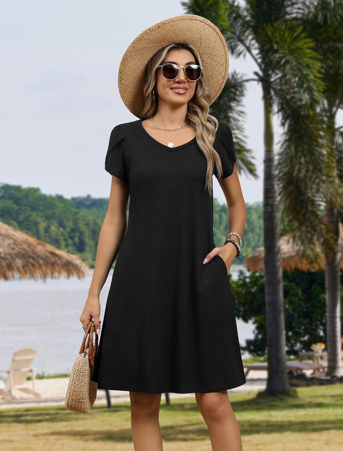 imageZEAGOO Womens Summer ALine Dress with Pockets Mini Short Sleeve Dresses Flowy Beach Swing Dress 2026 Vacation TravelBlack