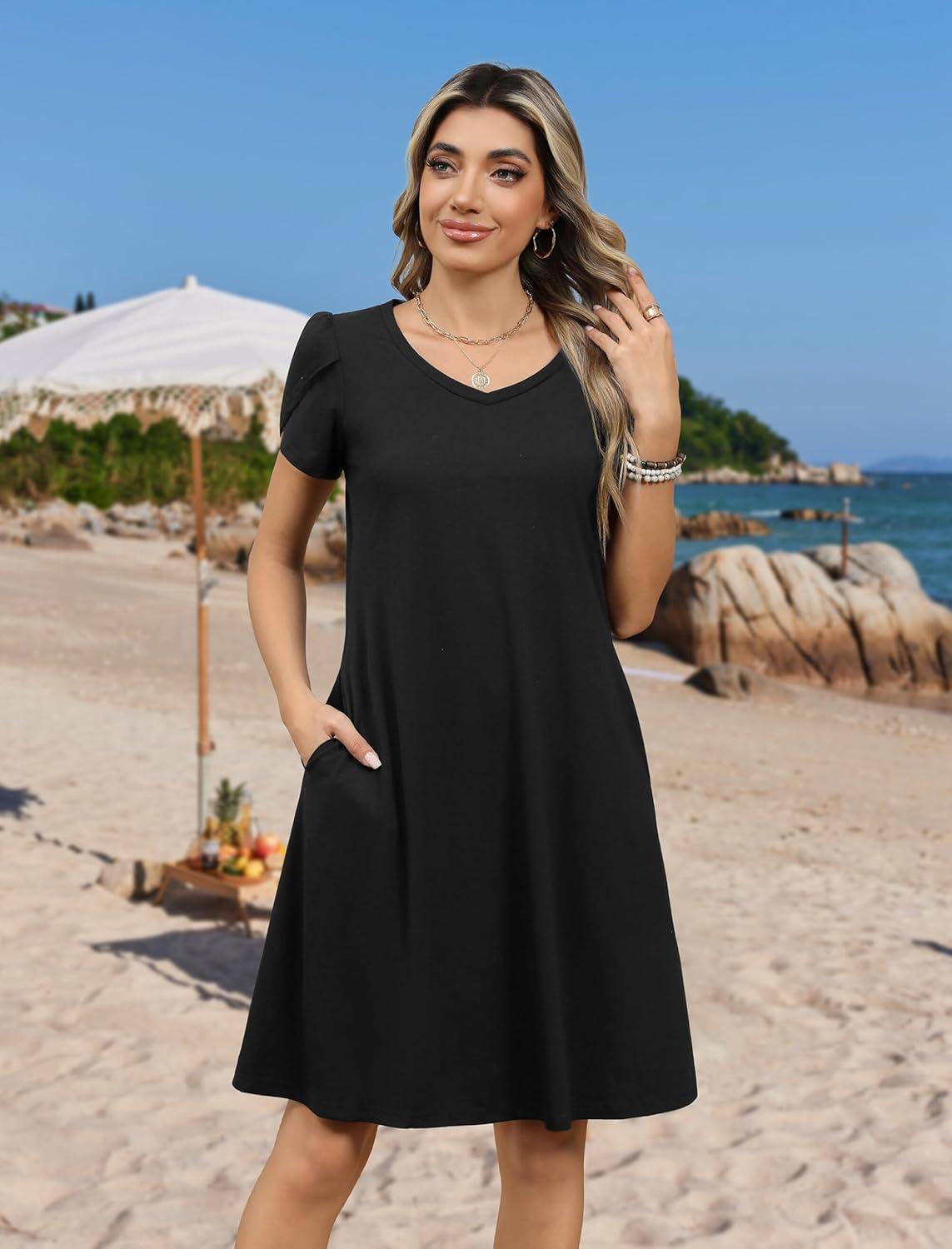 imageZEAGOO Womens Summer ALine Dress with Pockets Mini Short Sleeve Dresses Flowy Beach Swing Dress 2026 Vacation TravelBlack