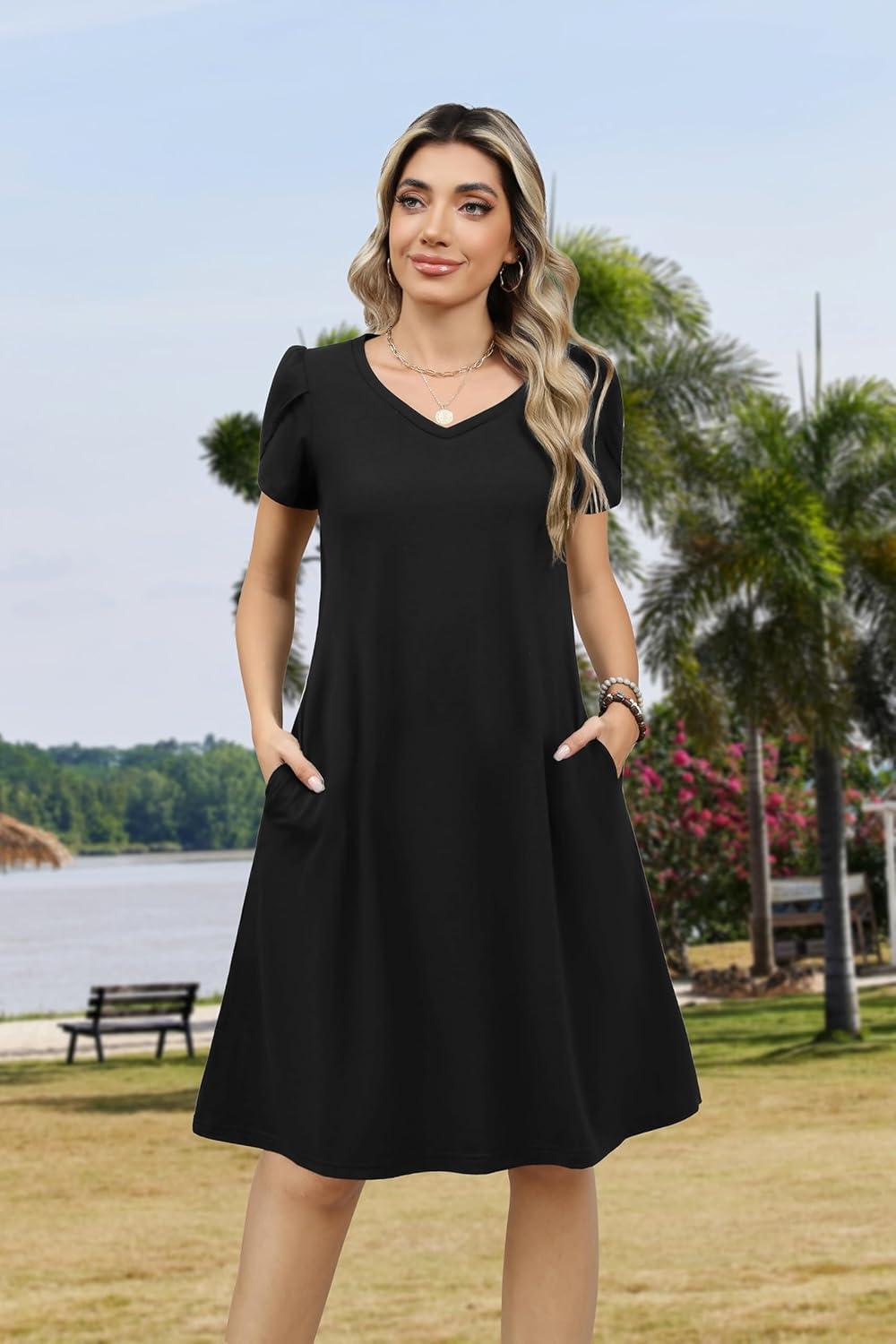 imageZEAGOO Womens Summer ALine Dress with Pockets Mini Short Sleeve Dresses Flowy Beach Swing Dress 2026 Vacation TravelBlack