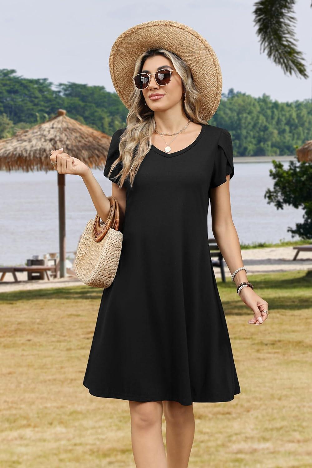 imageZEAGOO Womens Summer ALine Dress with Pockets Mini Short Sleeve Dresses Flowy Beach Swing Dress 2026 Vacation TravelBlack