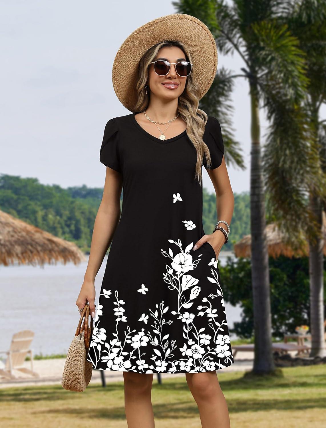 imageZEAGOO Womens Summer ALine Dress with Pockets Mini Short Sleeve Dresses Flowy Beach Swing Dress 2026 Vacation TravelBlack Flowers