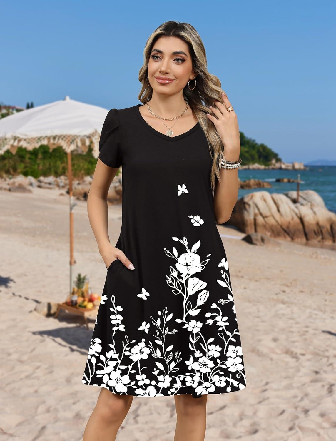 imageZEAGOO Womens Summer ALine Dress with Pockets Mini Short Sleeve Dresses Flowy Beach Swing Dress 2026 Vacation TravelBlack Flowers
