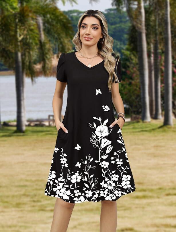imageZEAGOO Womens Summer ALine Dress with Pockets Mini Short Sleeve Dresses Flowy Beach Swing Dress 2026 Vacation TravelBlack Flowers