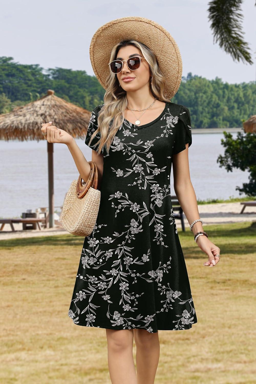 imageZEAGOO Womens Summer ALine Dress with Pockets Mini Short Sleeve Dresses Flowy Beach Swing Dress 2026 Vacation TravelBlack Print