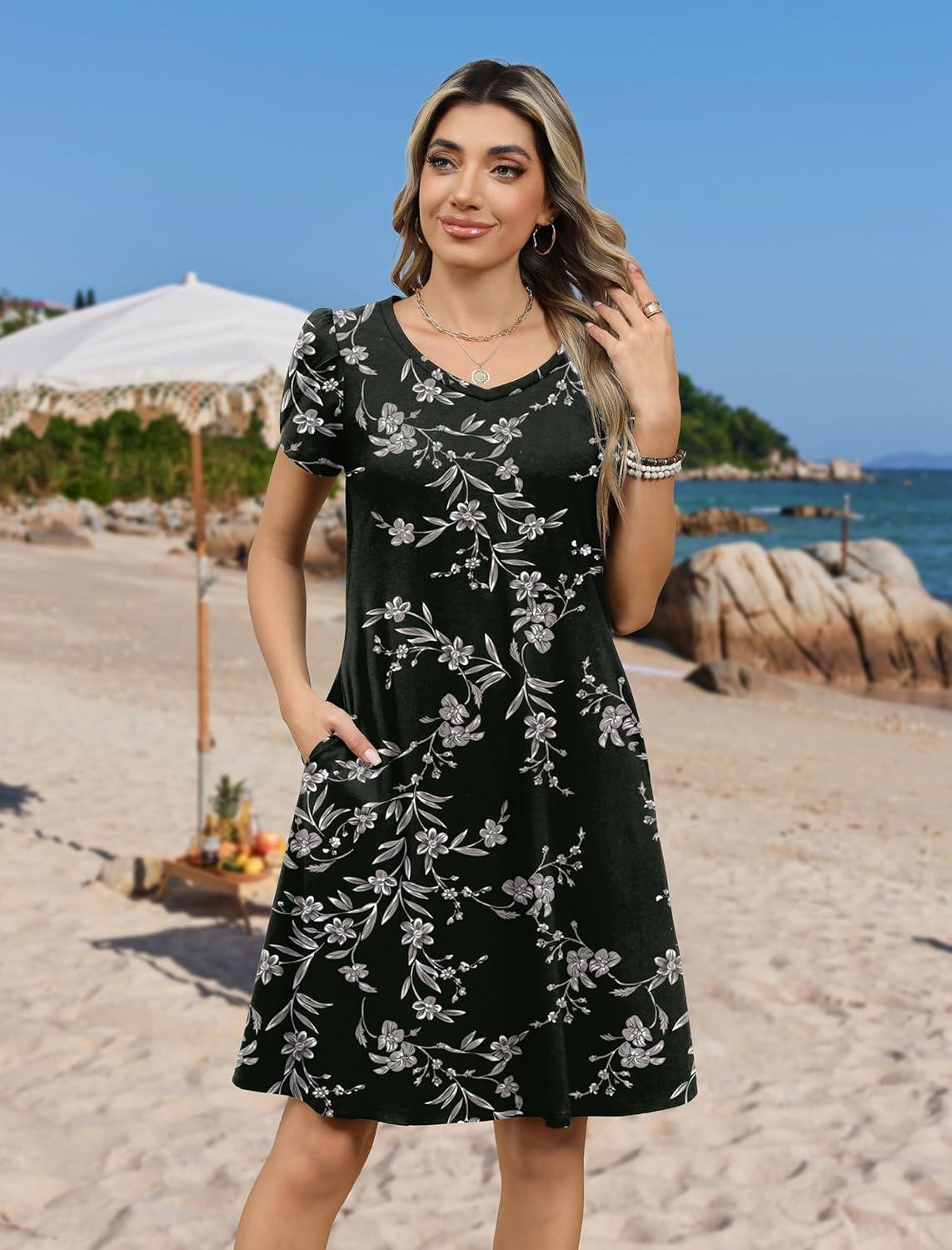 imageZEAGOO Womens Summer ALine Dress with Pockets Mini Short Sleeve Dresses Flowy Beach Swing Dress 2026 Vacation TravelBlack Print