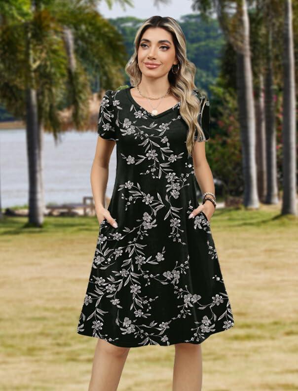 imageZEAGOO Womens Summer ALine Dress with Pockets Mini Short Sleeve Dresses Flowy Beach Swing Dress 2026 Vacation TravelBlack Print