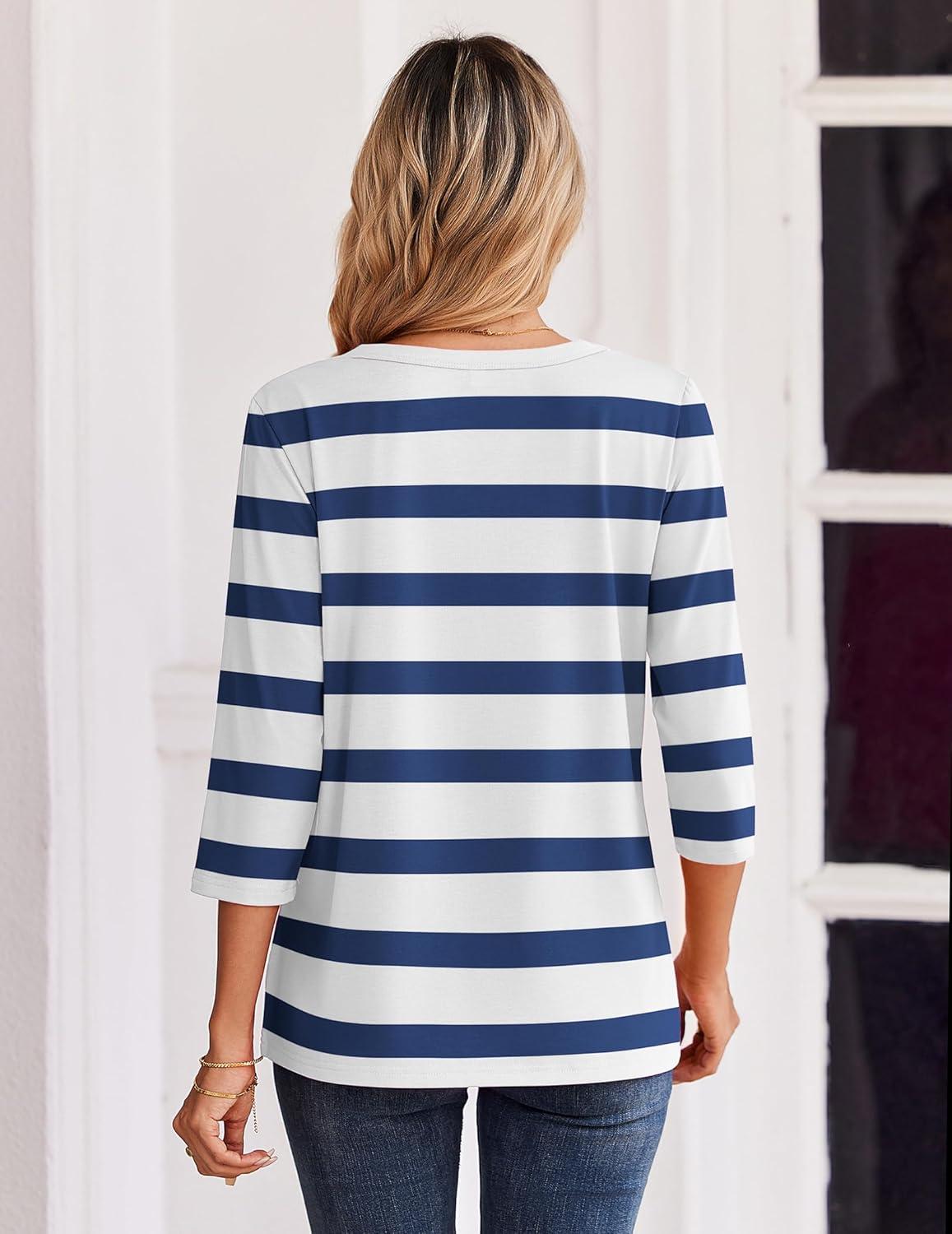 imageZeagoo 34 Length Sleeve Womens Tops Casual Dressy Summer Blouses Buisness Work Spring Tee ShirtsNavy Stripes