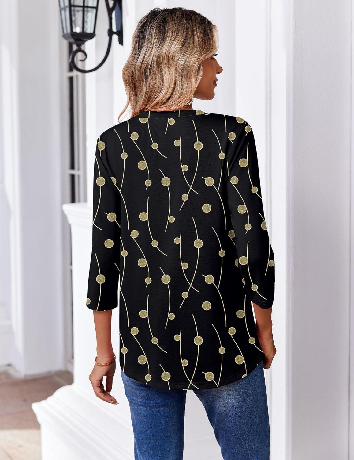 imageZeagoo 34 Length Sleeve Womens Tops Casual V Neck Pleated Top Boho Floral Blouses Work ShirtsBlack Khaki Dots