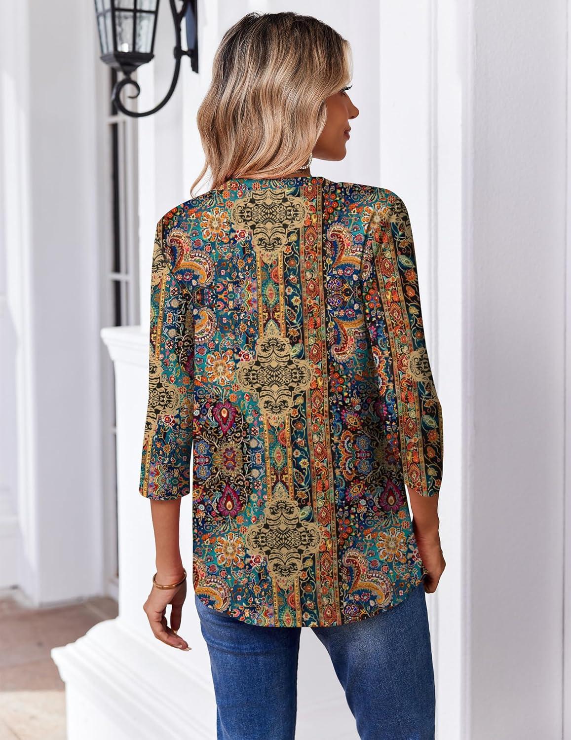 imageZeagoo 34 Length Sleeve Womens Tops Casual V Neck Pleated Top Boho Floral Blouses Work ShirtsBoho Mz721