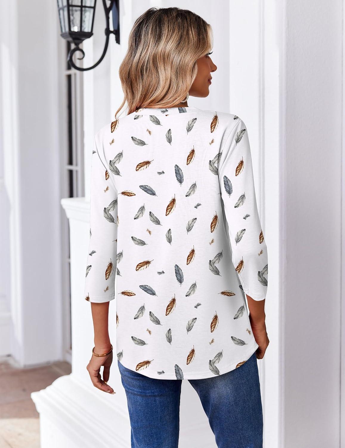 imageZeagoo 34 Length Sleeve Womens Tops Casual V Neck Pleated Top Boho Floral Blouses Work ShirtsFeather White 170