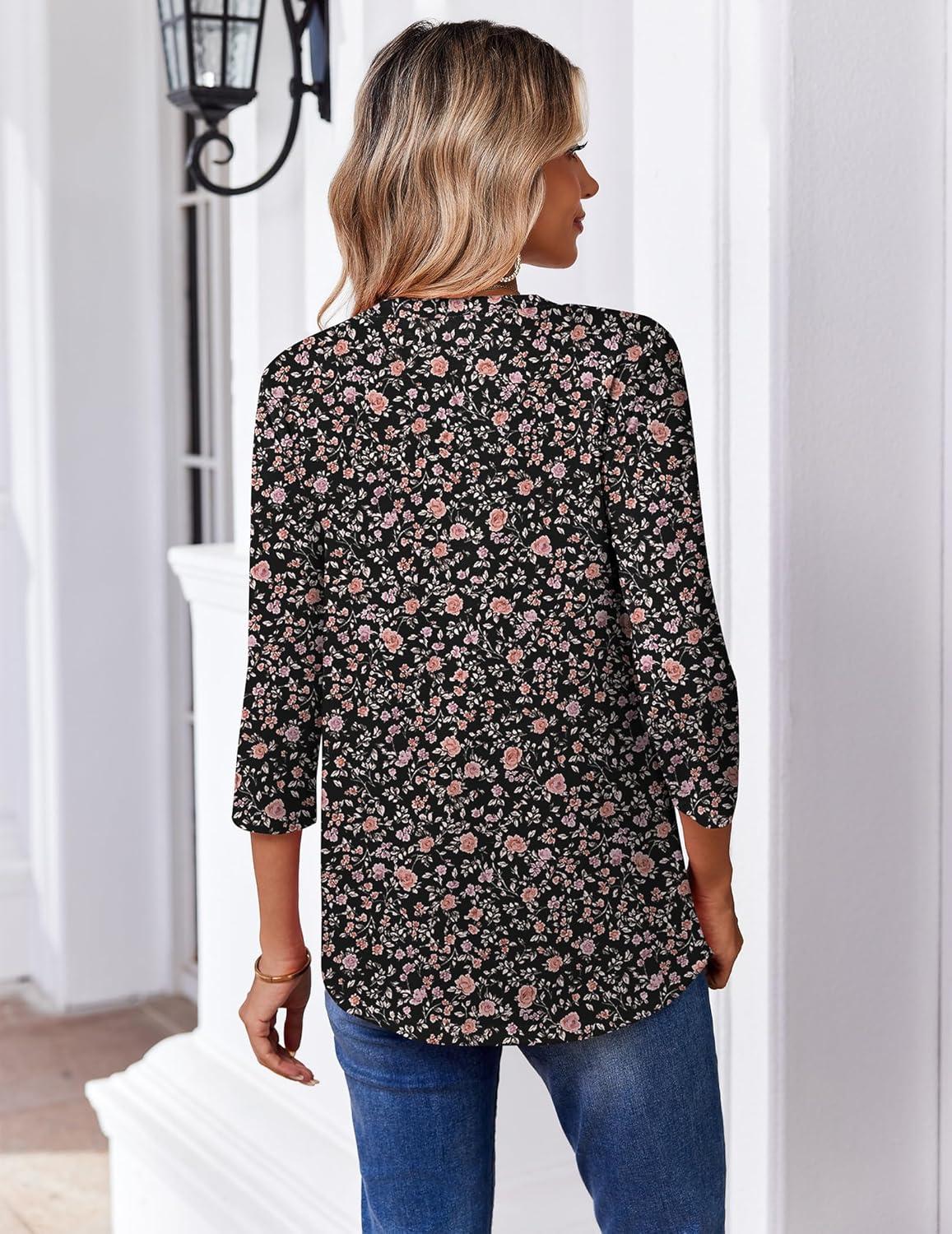 imageZeagoo 34 Length Sleeve Womens Tops Casual V Neck Pleated Top Boho Floral Blouses Work ShirtsFloral Black
