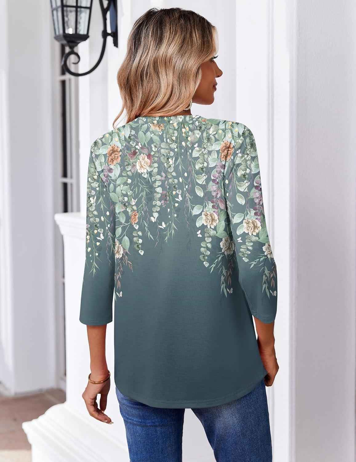 imageZeagoo 34 Length Sleeve Womens Tops Casual V Neck Pleated Top Boho Floral Blouses Work ShirtsFloral Grey Green