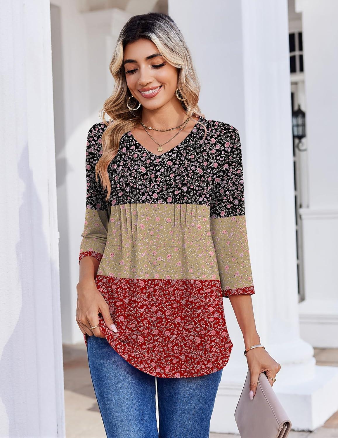 imageZeagoo 34 Length Sleeve Womens Tops Casual V Neck Pleated Top Boho Floral Blouses Work ShirtsFloral Multiple Color
