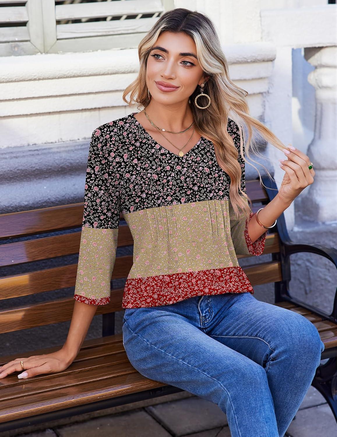 imageZeagoo 34 Length Sleeve Womens Tops Casual V Neck Pleated Top Boho Floral Blouses Work ShirtsFloral Multiple Color