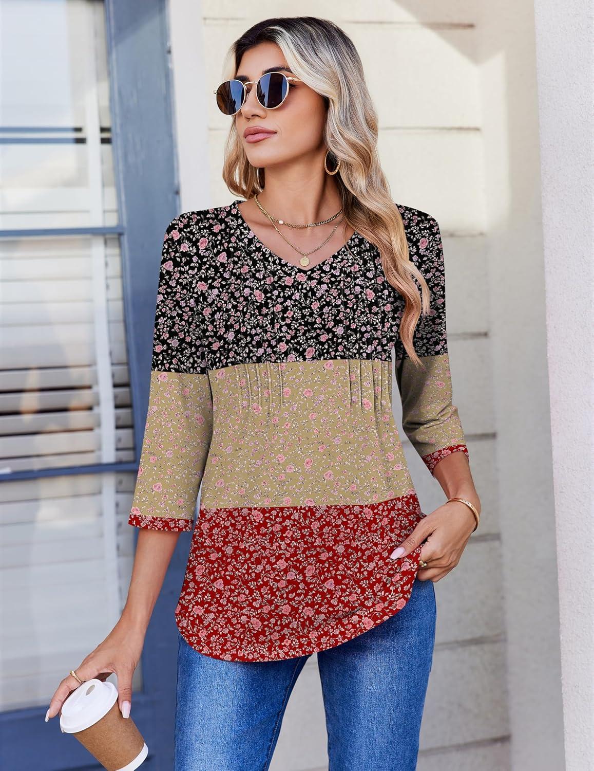 imageZeagoo 34 Length Sleeve Womens Tops Casual V Neck Pleated Top Boho Floral Blouses Work ShirtsFloral Multiple Color