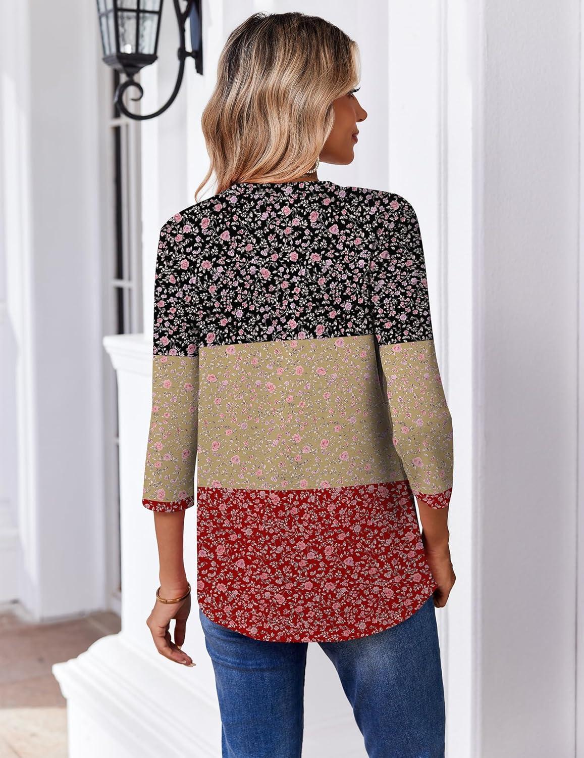 imageZeagoo 34 Length Sleeve Womens Tops Casual V Neck Pleated Top Boho Floral Blouses Work ShirtsFloral Multiple Color