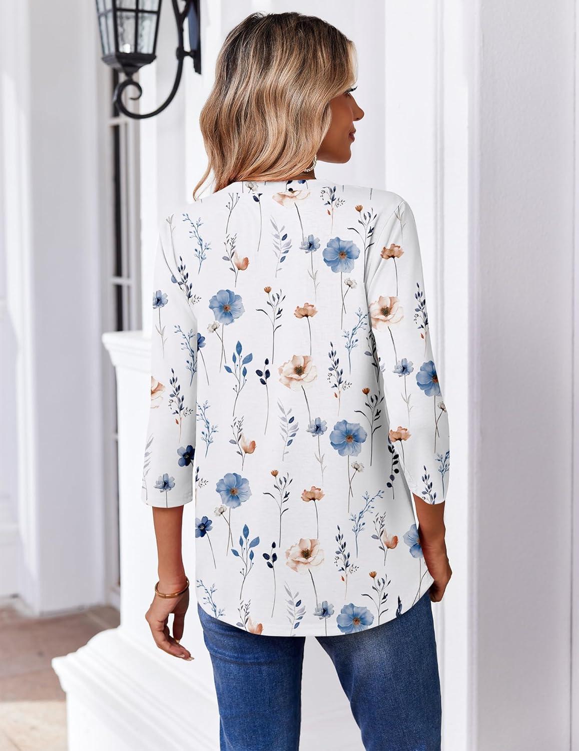 imageZeagoo 34 Length Sleeve Womens Tops Casual V Neck Pleated Top Boho Floral Blouses Work ShirtsFloral White