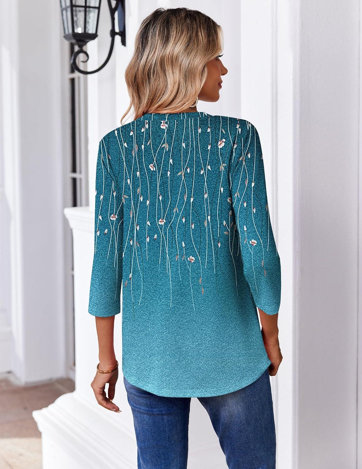 imageZeagoo 34 Length Sleeve Womens Tops Casual V Neck Pleated Top Boho Floral Blouses Work ShirtsLeaf Green