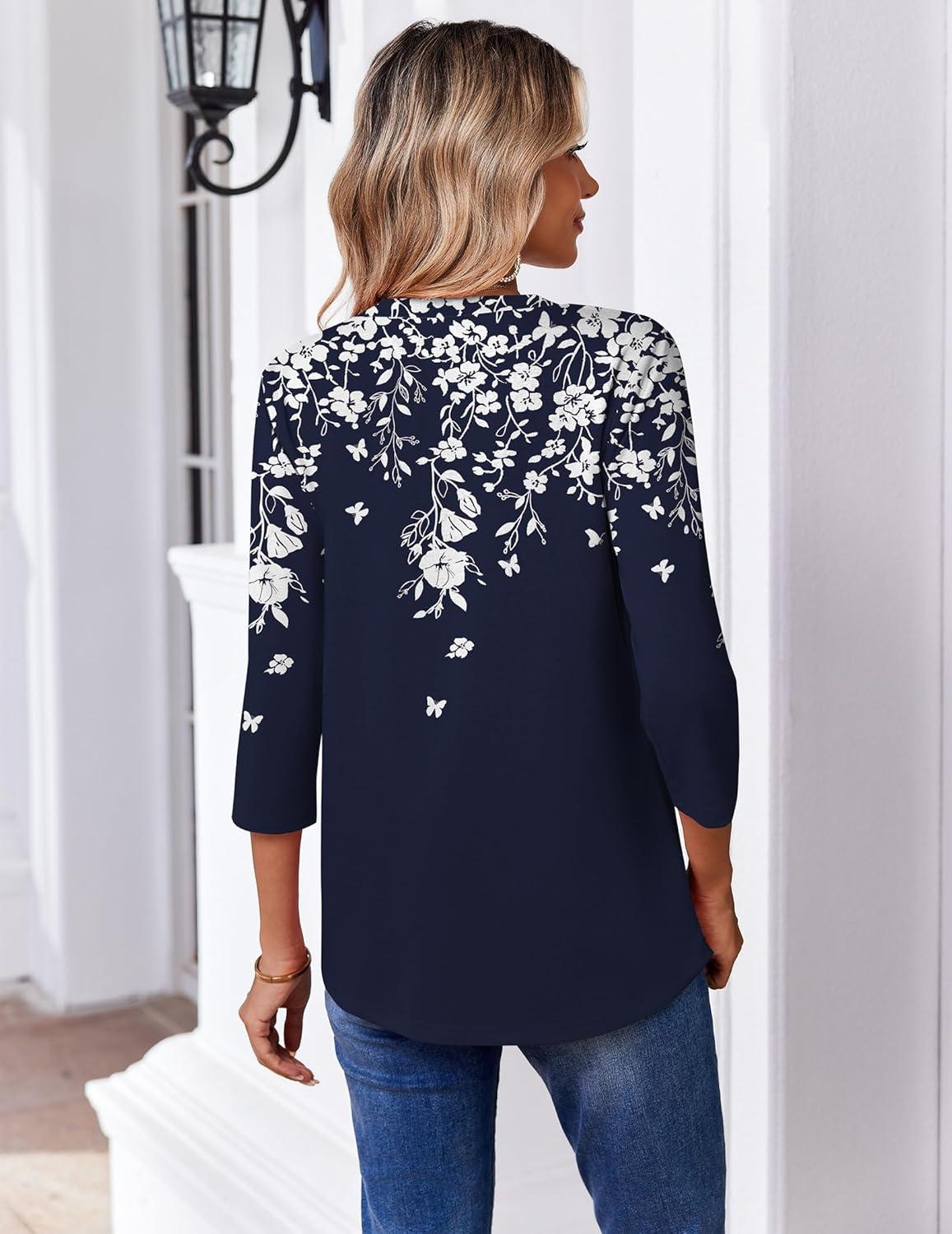 imageZeagoo 34 Length Sleeve Womens Tops Casual V Neck Pleated Top Boho Floral Blouses Work ShirtsLeaf Navy