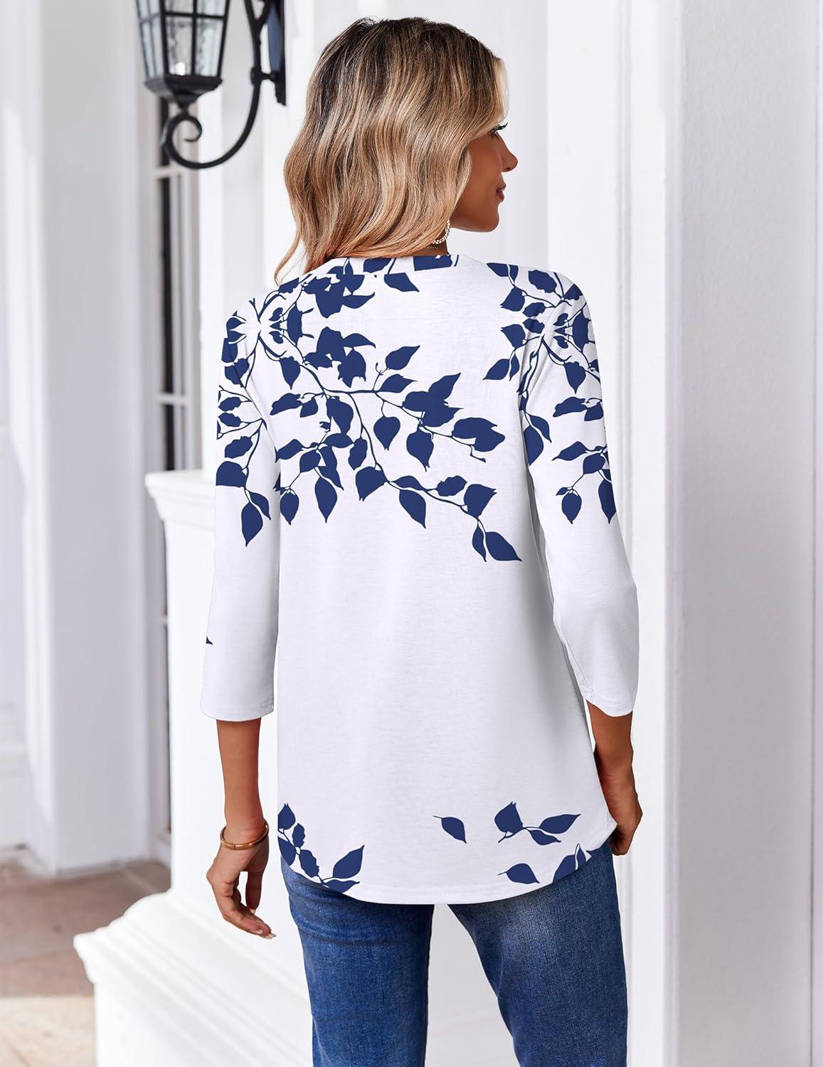imageZeagoo 34 Length Sleeve Womens Tops Casual V Neck Pleated Top Boho Floral Blouses Work ShirtsLeaf White
