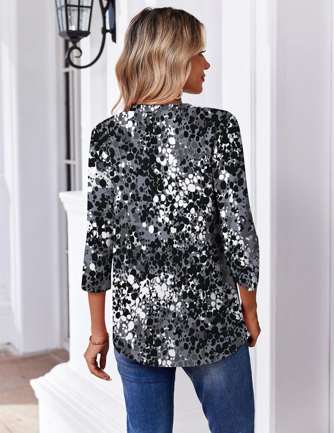 imageZeagoo 34 Length Sleeve Womens Tops Casual V Neck Pleated Top Boho Floral Blouses Work ShirtsMulticolor 273