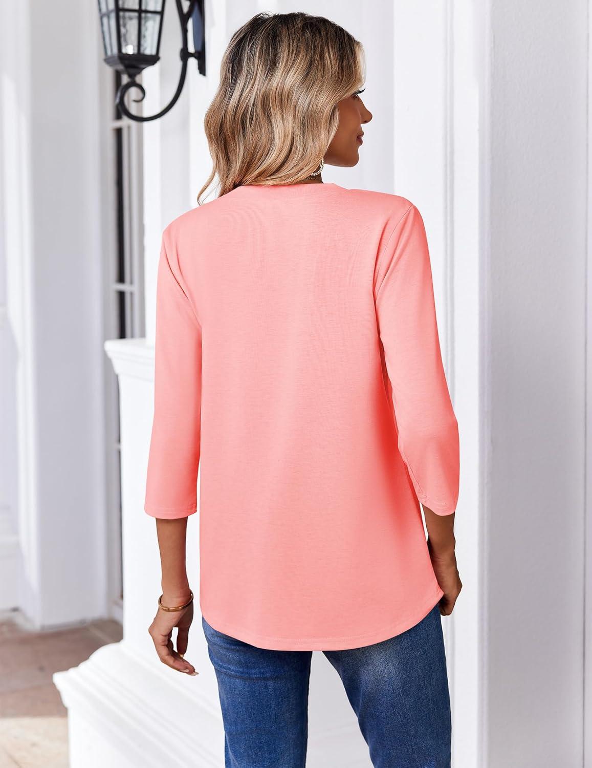 imageZeagoo 34 Length Sleeve Womens Tops Casual V Neck Pleated Top Boho Floral Blouses Work ShirtsPink