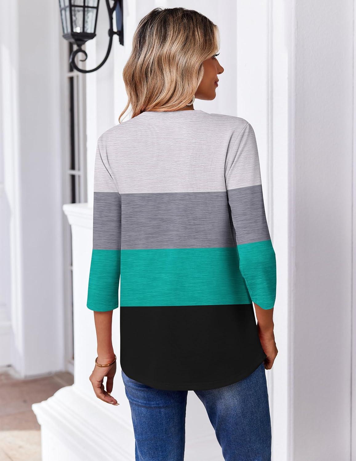 imageZeagoo 34 Length Sleeve Womens Tops Casual V Neck Pleated Top Boho Floral Blouses Work ShirtsStriped 595