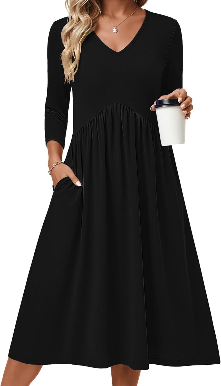 imageZeagoo 34 Sleeve Womens Dress Casual Midi Tshirt Dresses with Pockets Empire Waist Summer SemiFormal Boho Beach Sundress01 Solid Black