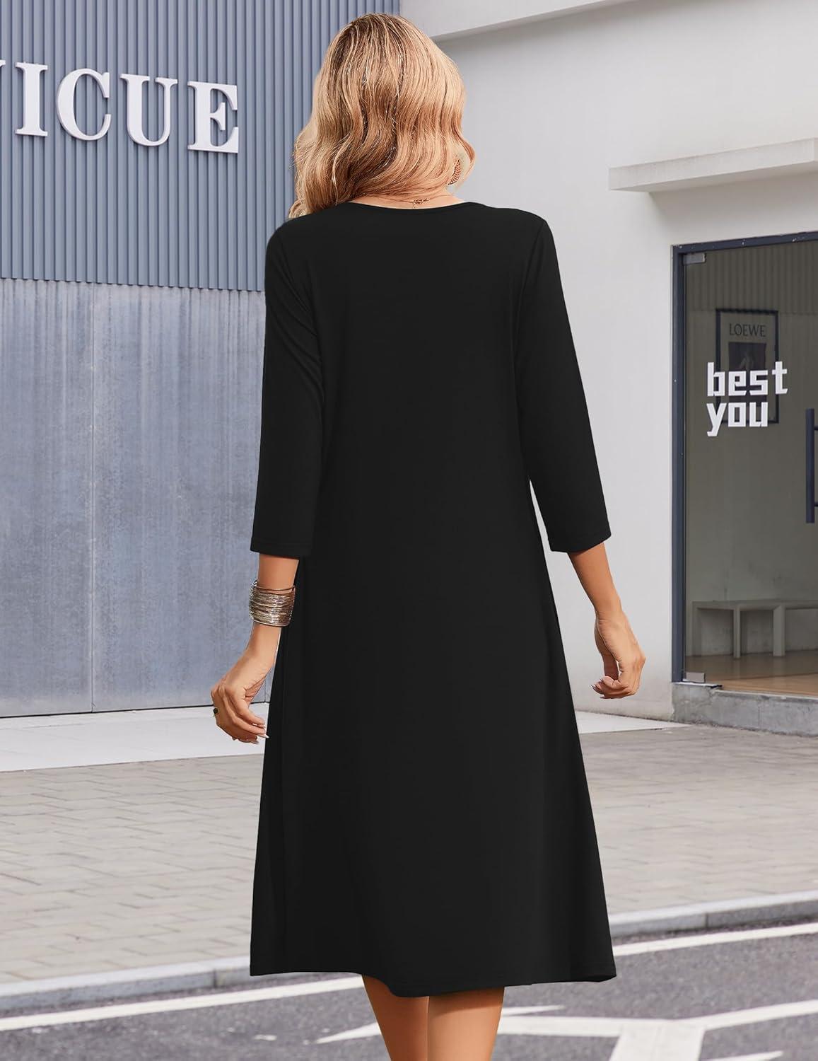 imageZeagoo 34 Sleeve Womens Dress Casual Midi Tshirt Dresses with Pockets Empire Waist Summer SemiFormal Boho Beach Sundress01 Solid Black