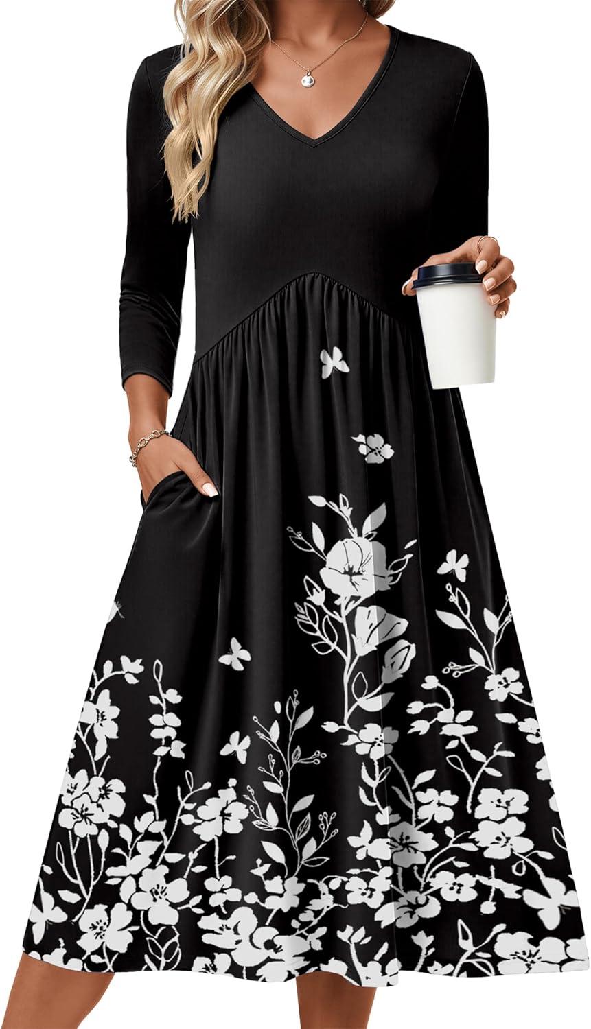 imageZeagoo 34 Sleeve Womens Dress Casual Midi Tshirt Dresses with Pockets Empire Waist Summer SemiFormal Boho Beach SundressBlack Floral