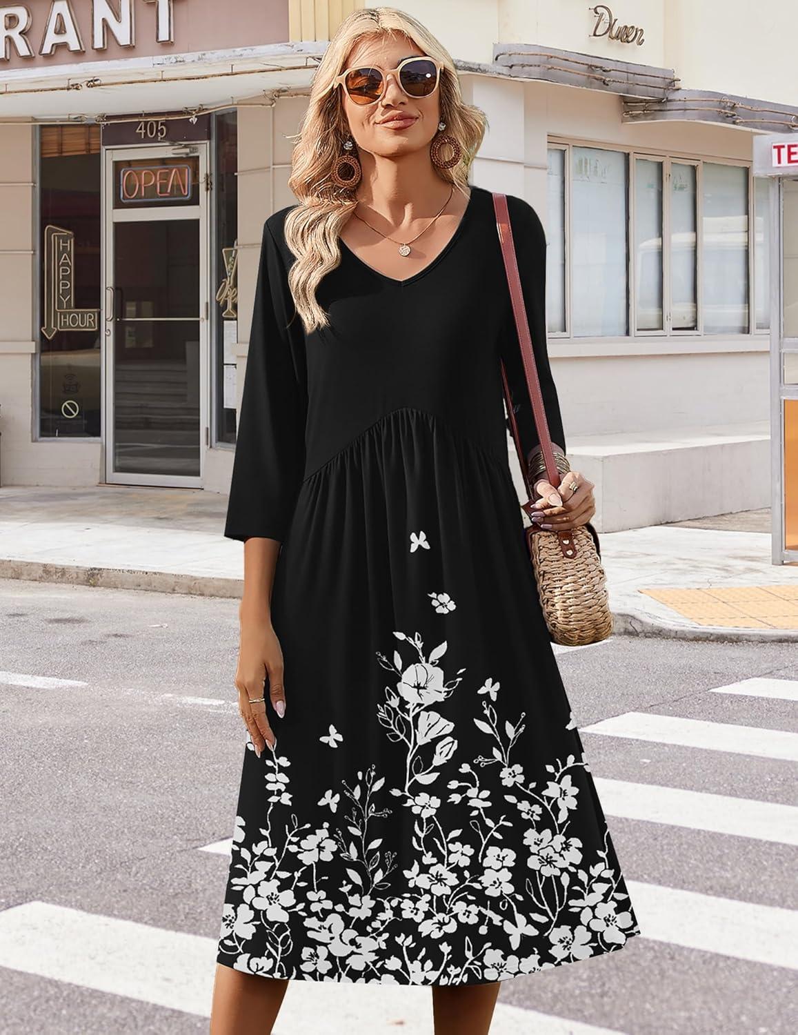imageZeagoo 34 Sleeve Womens Dress Casual Midi Tshirt Dresses with Pockets Empire Waist Summer SemiFormal Boho Beach SundressBlack Floral