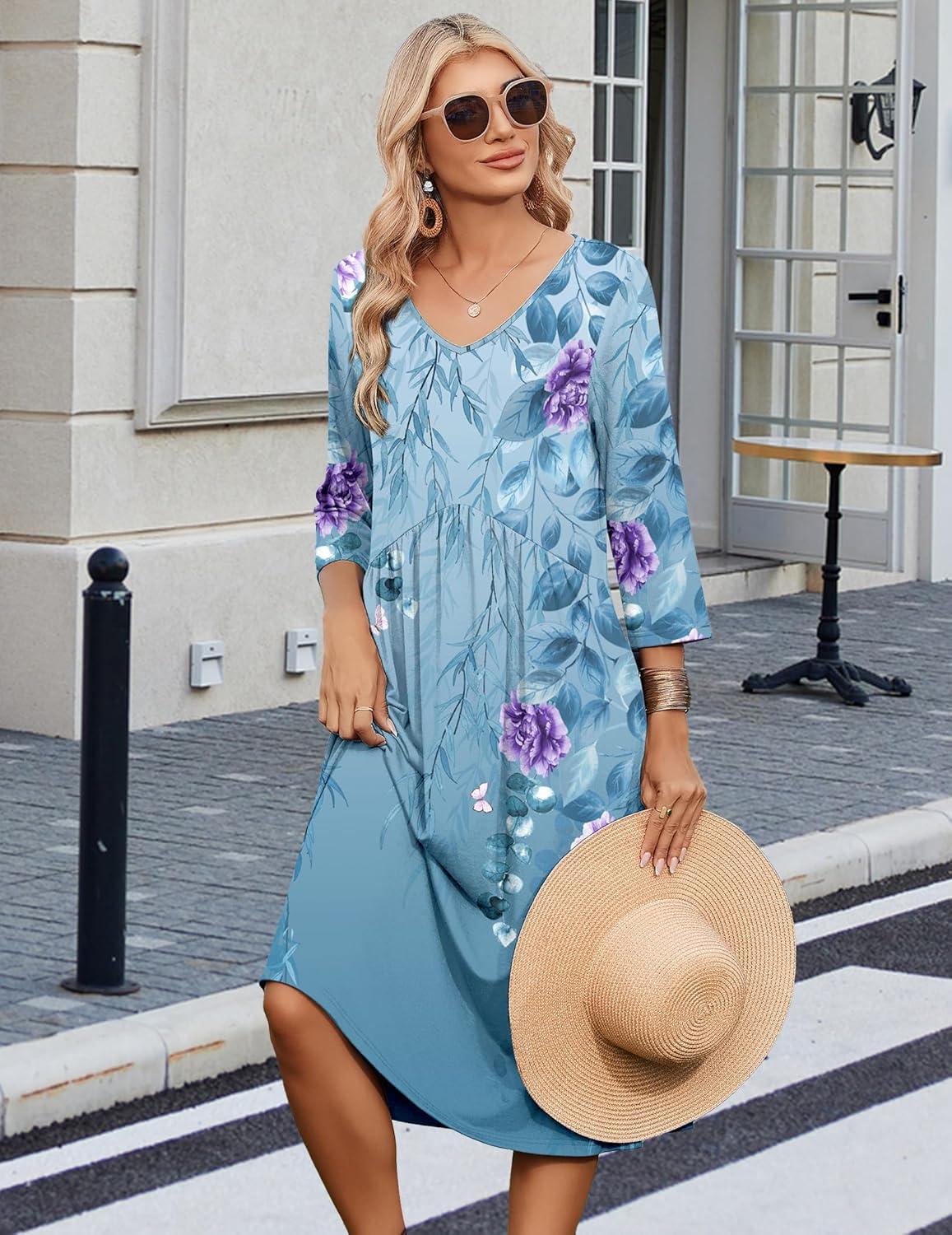 imageZeagoo 34 Sleeve Womens Dress Casual Midi Tshirt Dresses with Pockets Empire Waist Summer SemiFormal Boho Beach SundressBlue Floral