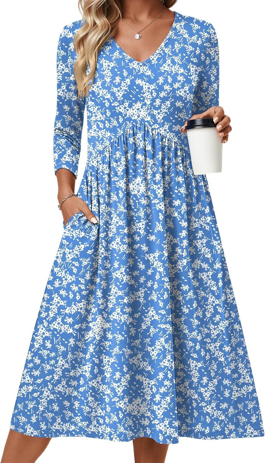 imageZeagoo 34 Sleeve Womens Dress Casual Midi Tshirt Dresses with Pockets Empire Waist Summer SemiFormal Boho Beach SundressBlue Floral Xh41