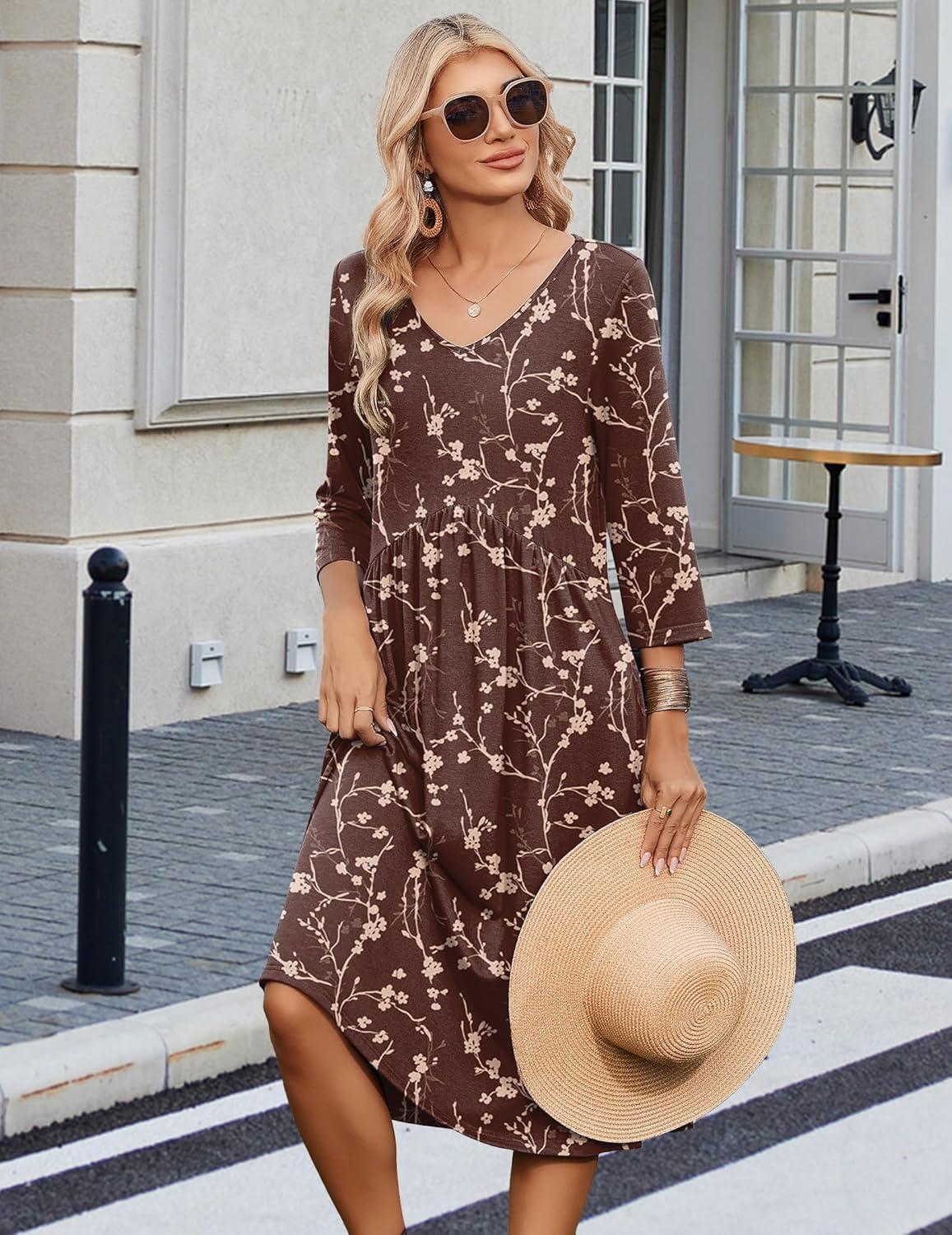 imageZeagoo 34 Sleeve Womens Dress Casual Midi Tshirt Dresses with Pockets Empire Waist Summer SemiFormal Boho Beach SundressCoffee Floral