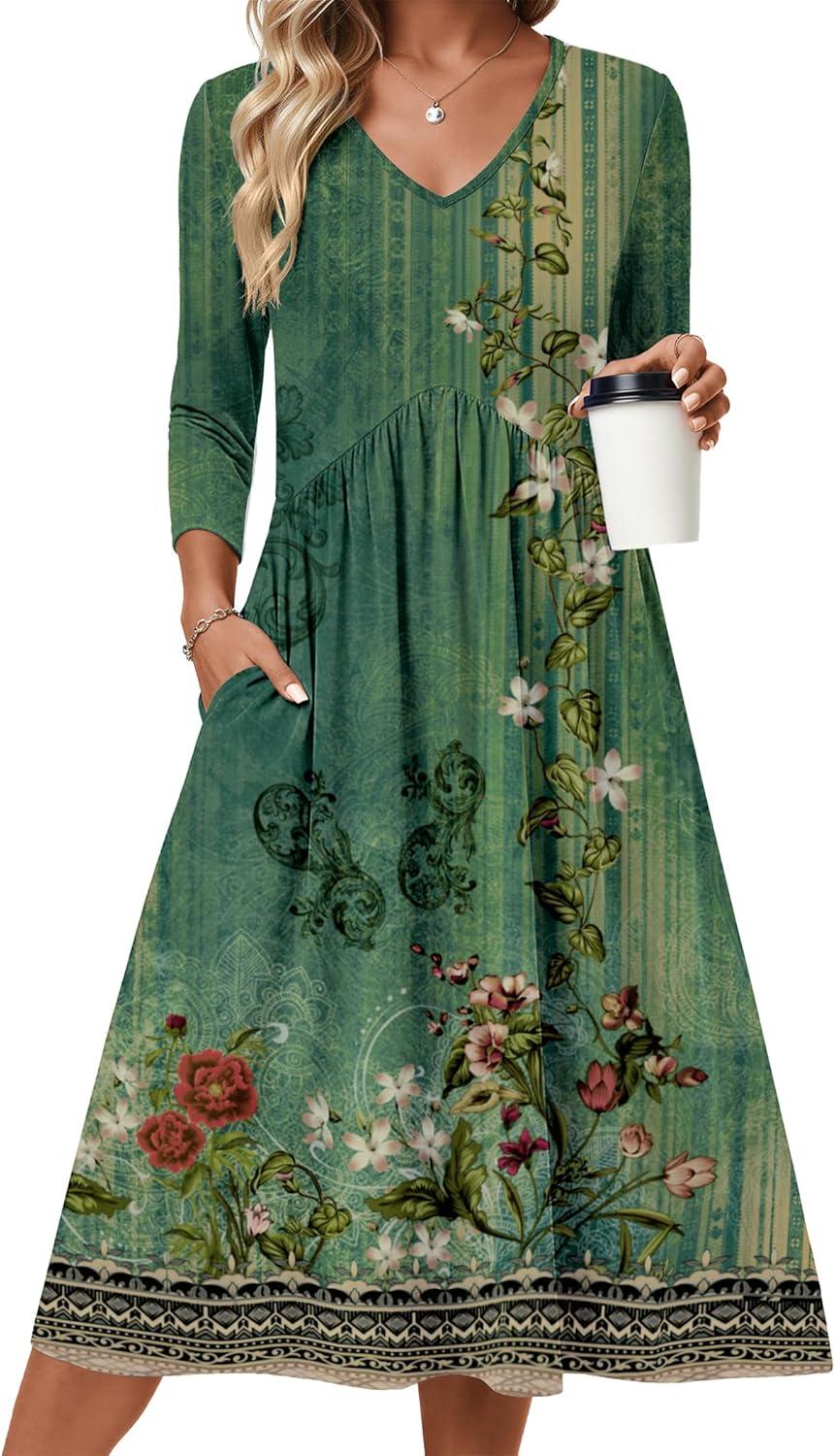 imageZeagoo 34 Sleeve Womens Dress Casual Midi Tshirt Dresses with Pockets Empire Waist Summer SemiFormal Boho Beach SundressGreen Floral