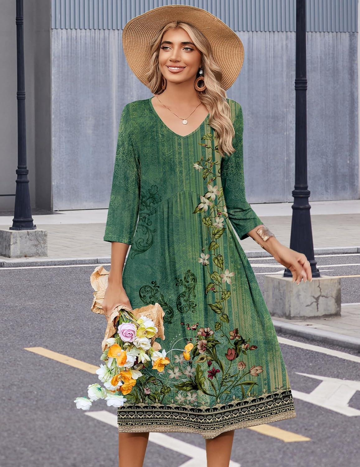 imageZeagoo 34 Sleeve Womens Dress Casual Midi Tshirt Dresses with Pockets Empire Waist Summer SemiFormal Boho Beach SundressGreen Floral