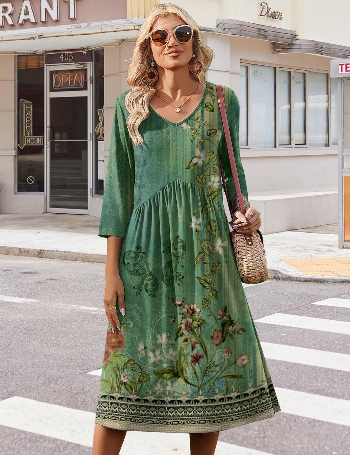 imageZeagoo 34 Sleeve Womens Dress Casual Midi Tshirt Dresses with Pockets Empire Waist Summer SemiFormal Boho Beach SundressGreen Floral