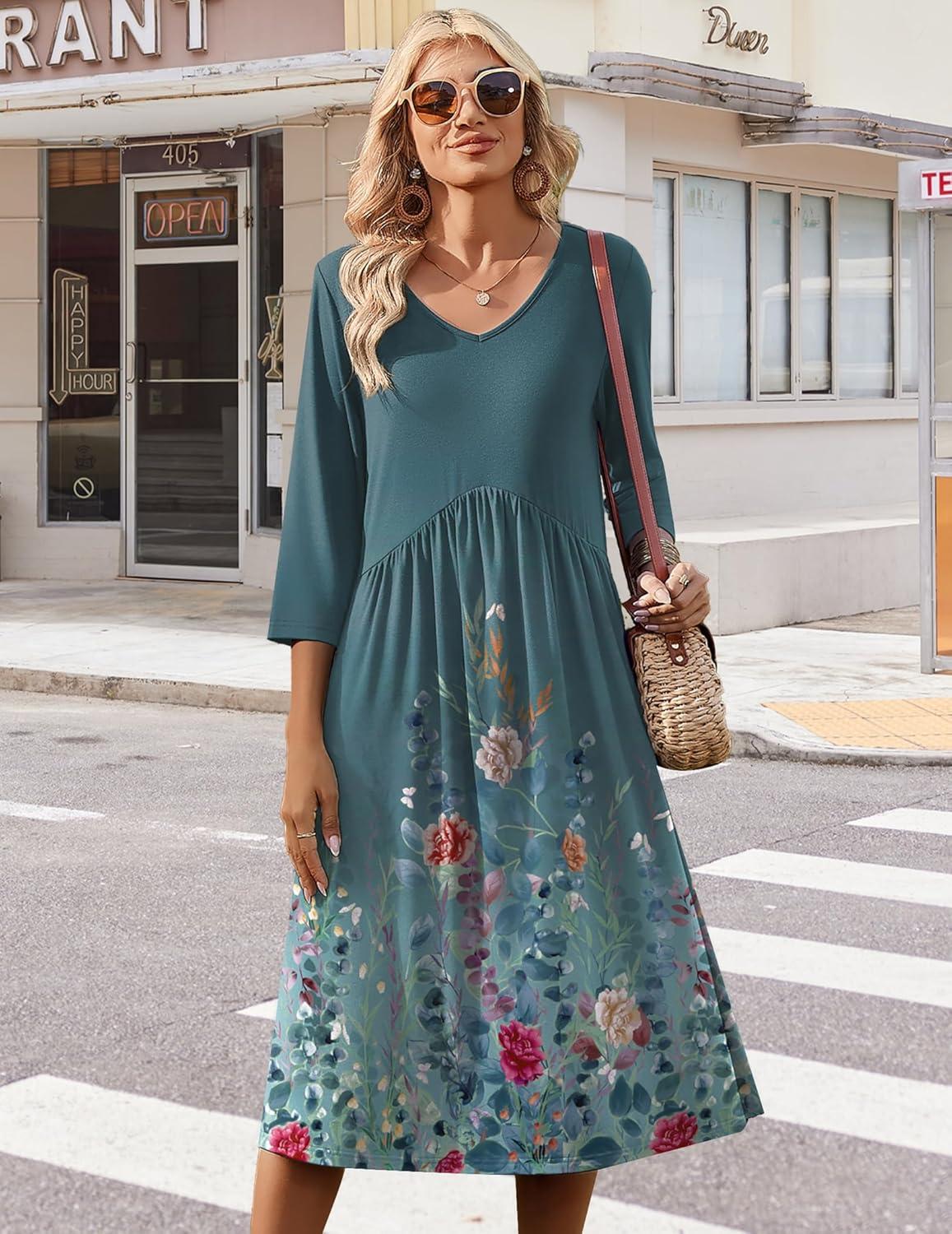 imageZeagoo 34 Sleeve Womens Dress Casual Midi Tshirt Dresses with Pockets Empire Waist Summer SemiFormal Boho Beach SundressGreen Grey