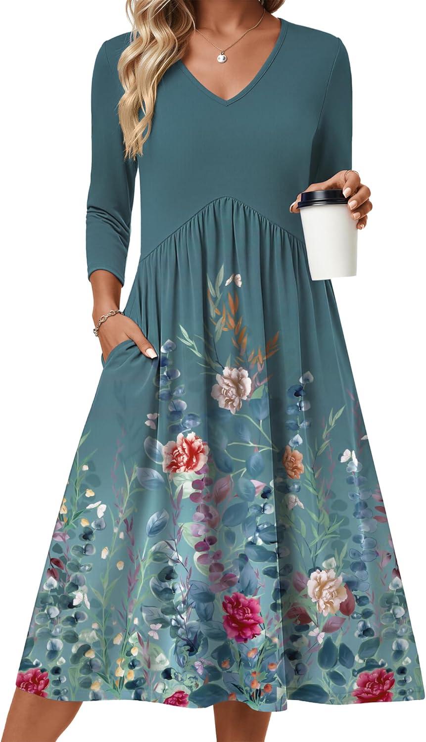 imageZeagoo 34 Sleeve Womens Dress Casual Midi Tshirt Dresses with Pockets Empire Waist Summer SemiFormal Boho Beach SundressGreen Grey