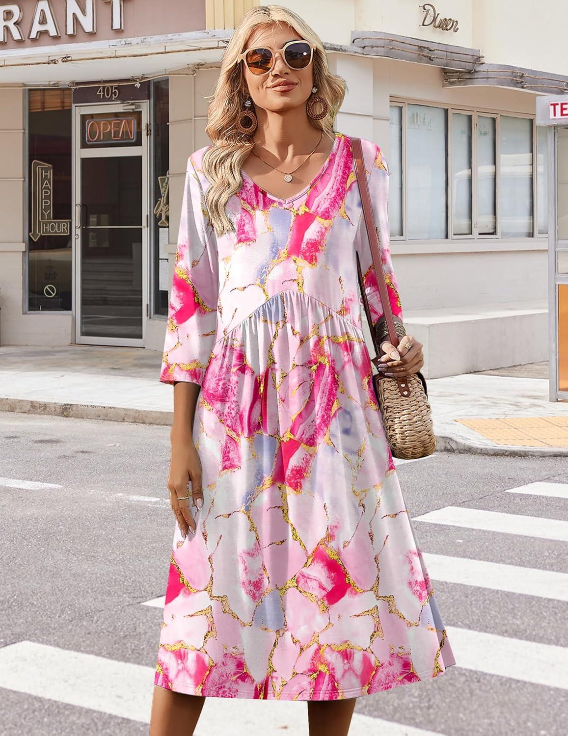 imageZeagoo 34 Sleeve Womens Dress Casual Midi Tshirt Dresses with Pockets Empire Waist Summer SemiFormal Boho Beach SundressPink