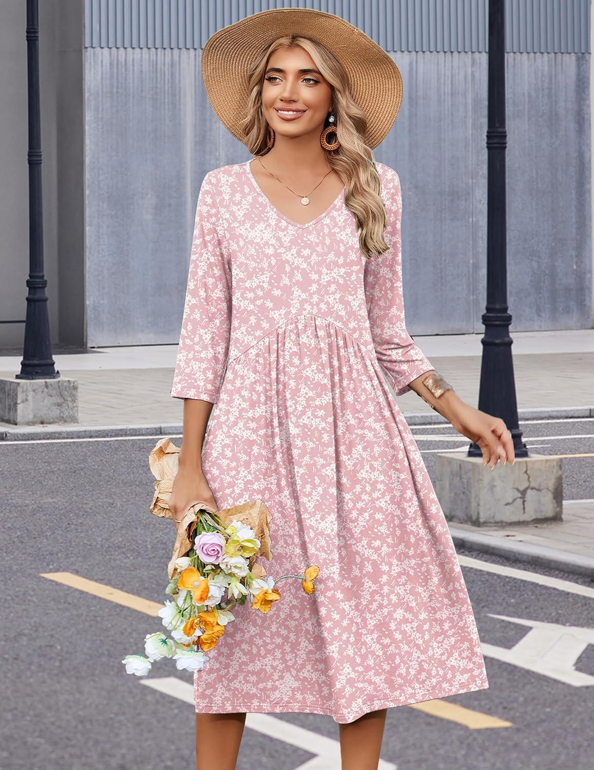 imageZeagoo 34 Sleeve Womens Dress Casual Midi Tshirt Dresses with Pockets Empire Waist Summer SemiFormal Boho Beach SundressPink Floral