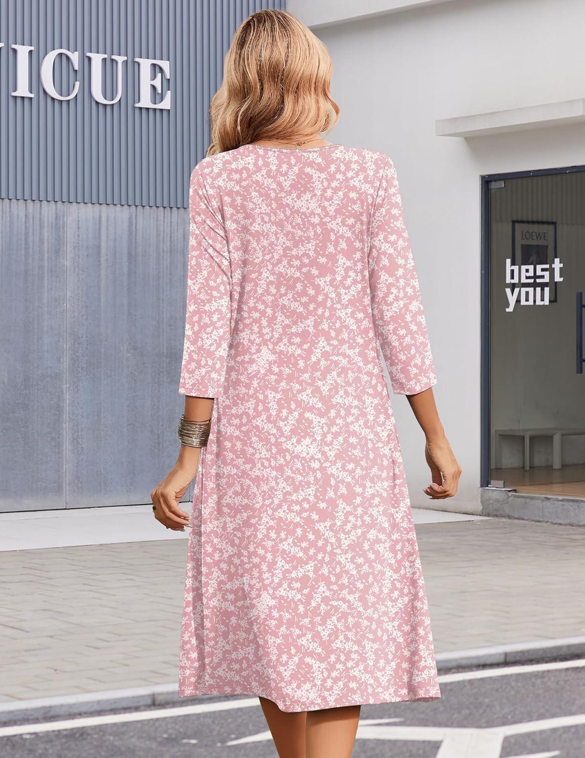imageZeagoo 34 Sleeve Womens Dress Casual Midi Tshirt Dresses with Pockets Empire Waist Summer SemiFormal Boho Beach SundressPink Floral